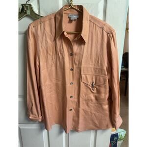 Alex Sport 90s Raw Silk Peach Pink Button Pockets Long Sleeve Career Top Blouse